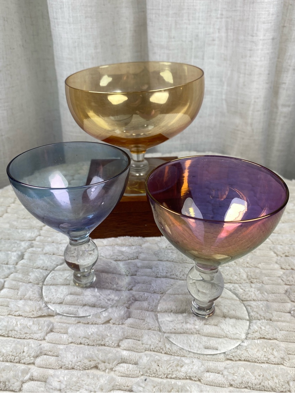 Vintage MCM Tiffin Amber Luster Compote Bowl & Iridescent Coupes 3-Piece Set